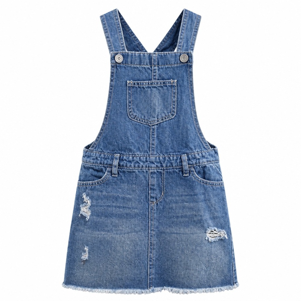 Childrens Place Girls Distressed Denim Overall Dress Medium Wash Size 6X 7